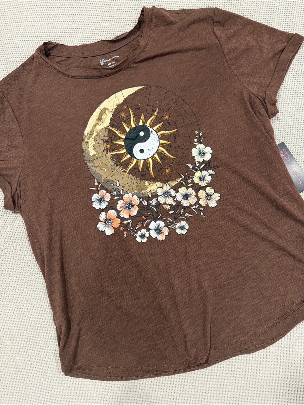 No Boundaries Brown Sun & Moon Yin Yang Floral Tee